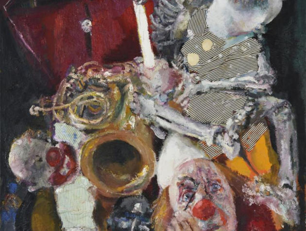 Der Tod des Weißclowns,1991, Öl und Stoff auf Leinwand, 130,5 x 100,5 cm,,Potsdam Museum, Dauerleihgabe Sammlung Vera Schreck, © VG-Bildkunst, Bonn 2021